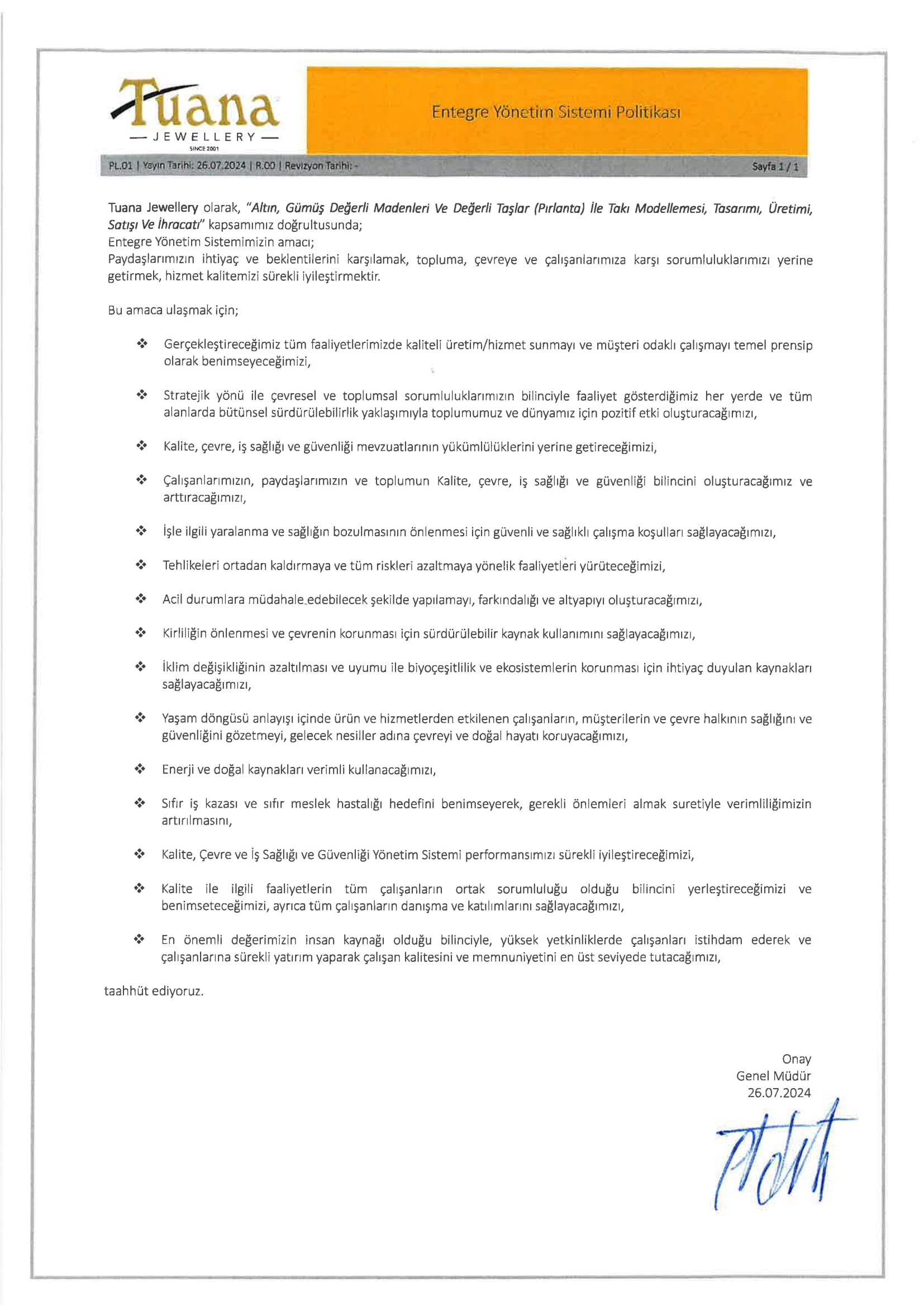 Tuana Jewellery Sürdürülebilirlik Politikası